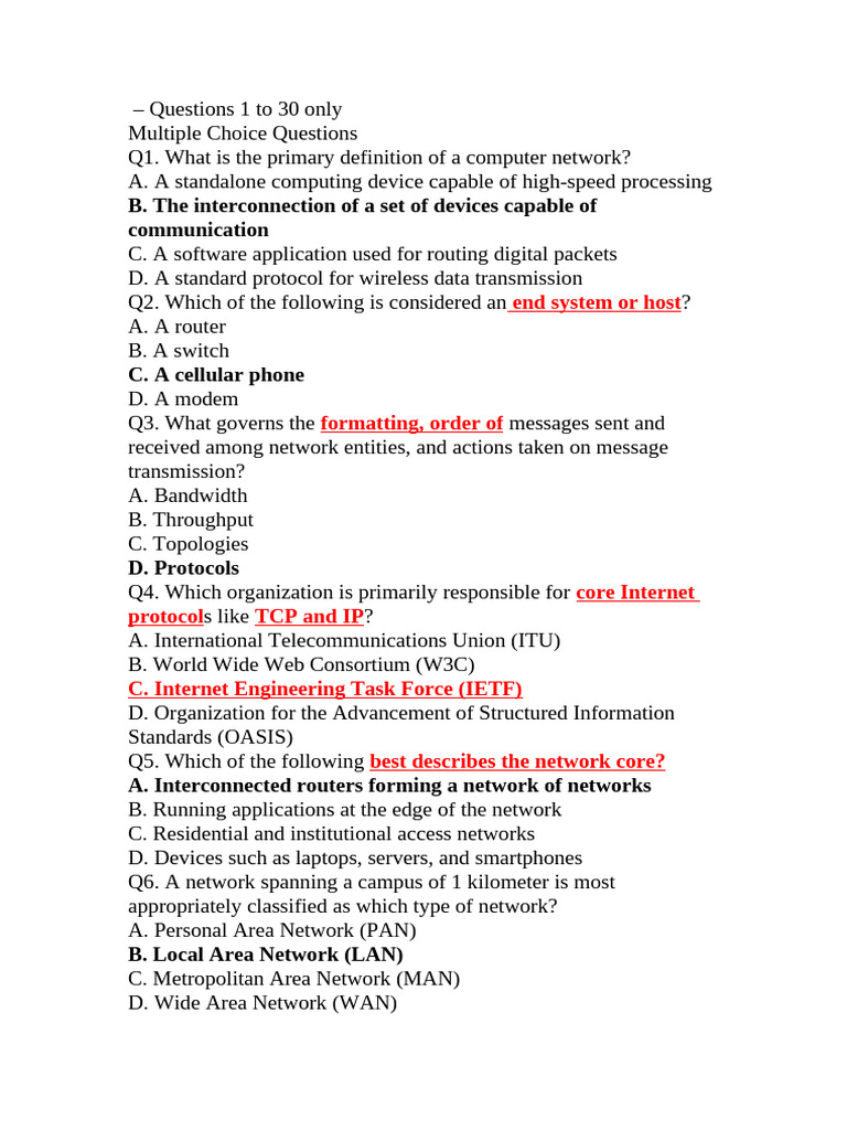 Questions 1 To 30 Only | PDF | Computer Network | Multiplexing