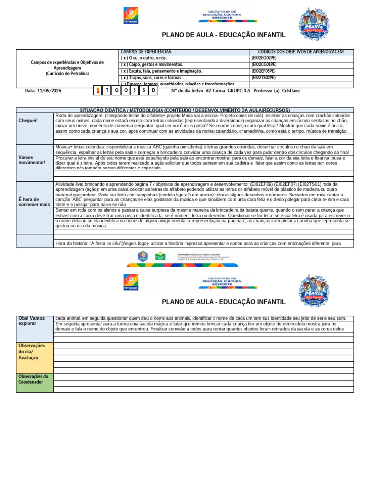 Plano de Aula 11 A 15 de Maio | PDF | Imagem | Aprendizado