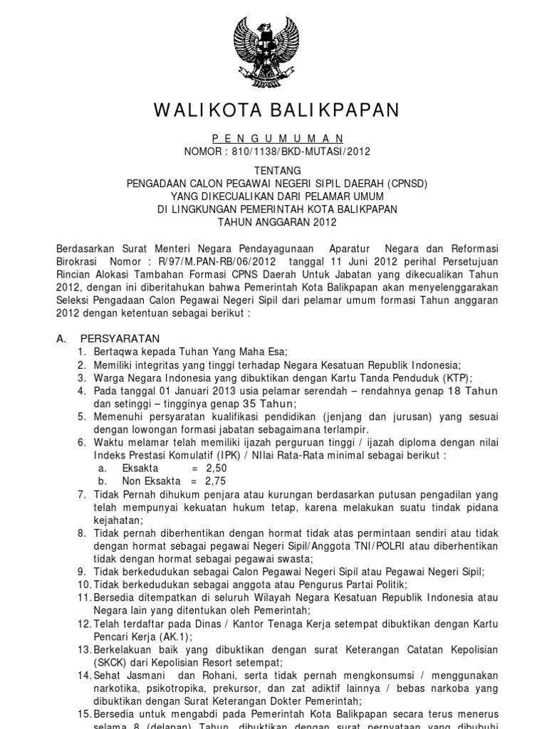 Contoh Surat Lamaran Cpns Untuk Walikota Balikpapan
