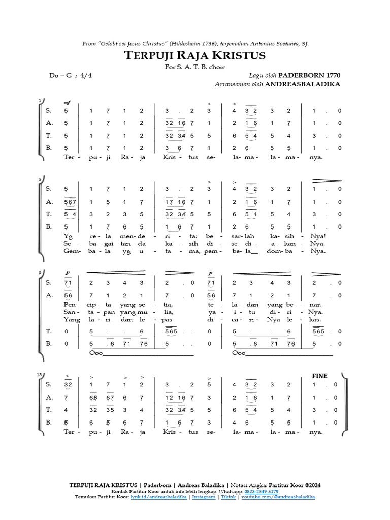 Terpuji Raja Kristus MB. 394 (Arr. Andreas Baladika) | PDF