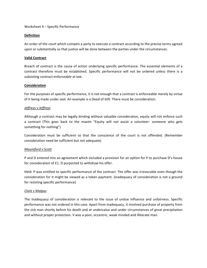 Specific Performance Notes Pdf Specific Performance Consideration