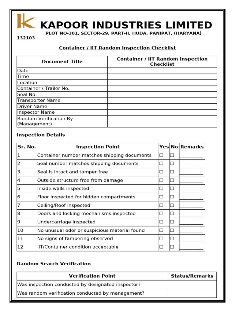 Container IIT Random Inspection Checklist | PDF