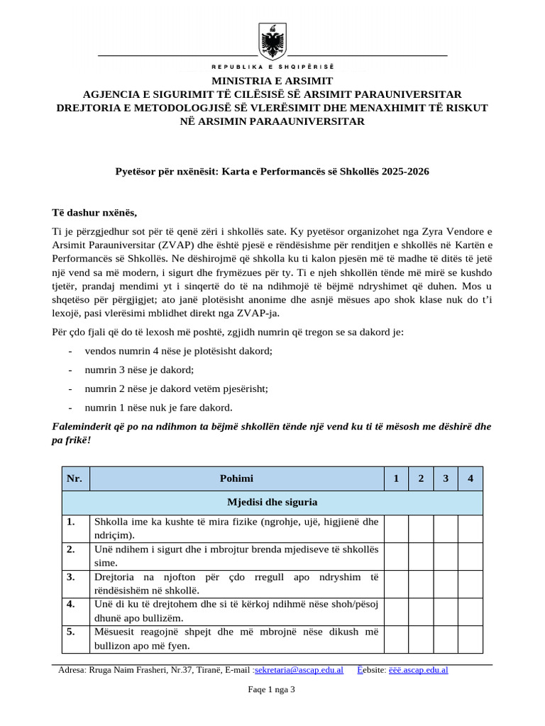Pyetesor Per Nxenesit KPSH 2025-2026 | PDF