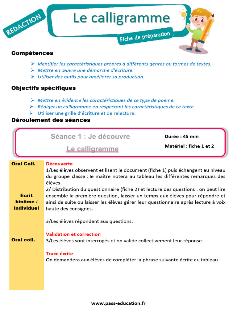 Fiche de Préparation Ce1 Ce2 Projets Décriture Le Calligramme | PDF ...