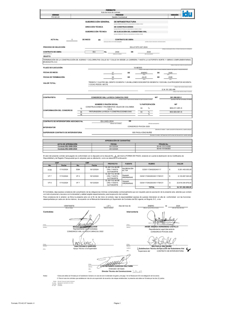 IDU-2400-2024 Acta de Inicio 01 Contrato de Obra | PDF