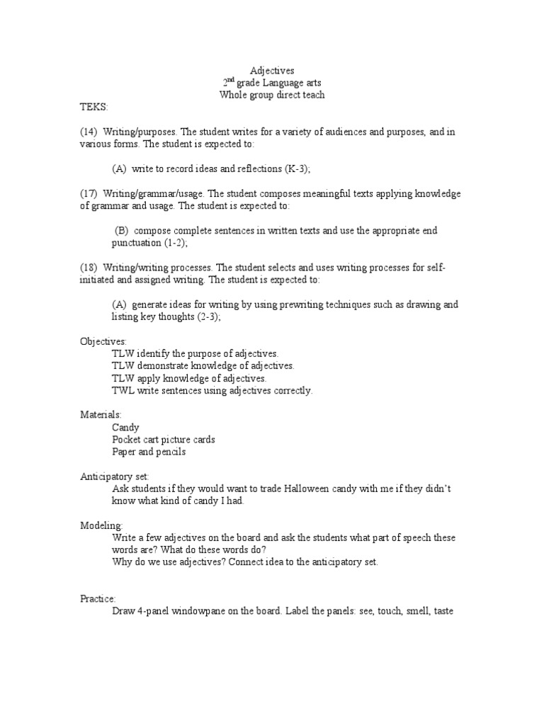 2nd Grade Adjectives Lesson Plan | PDF | Art