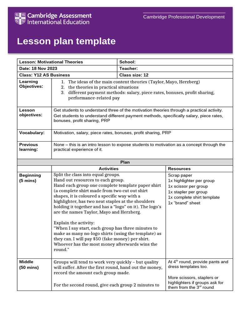 Motivational Theorists Lesson Plan | PDF | Cognition | Behavior ...