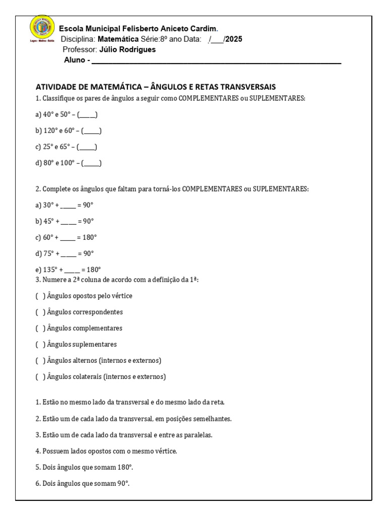 Atividade Angulos Felisberto 9º Ano | PDF | Ângulo | Geometria Euclidiana