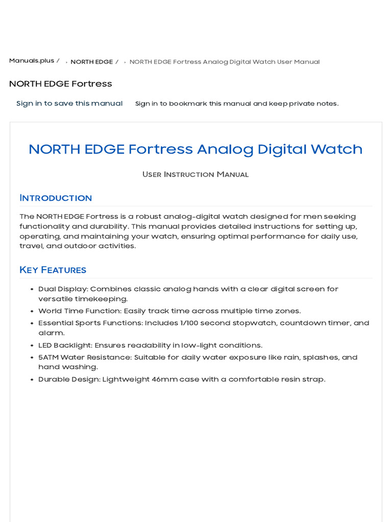 NORTH EDGE Fortress Analog Digital Watch User Manual | PDF | Watch | Timer