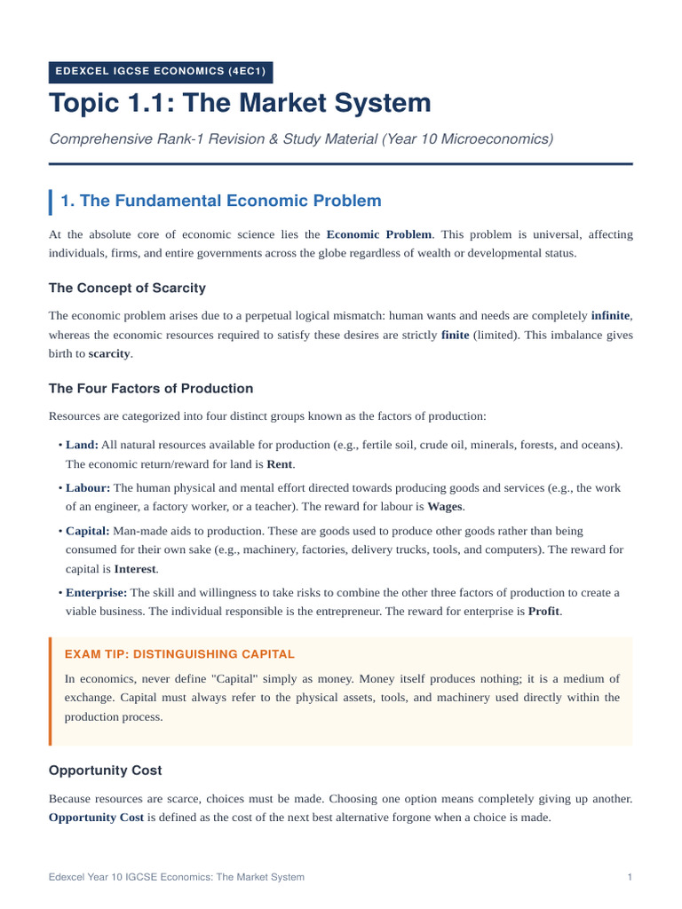 Topic 1.1: The Market System: 1. The Fundamental Economic Problem | PDF ...
