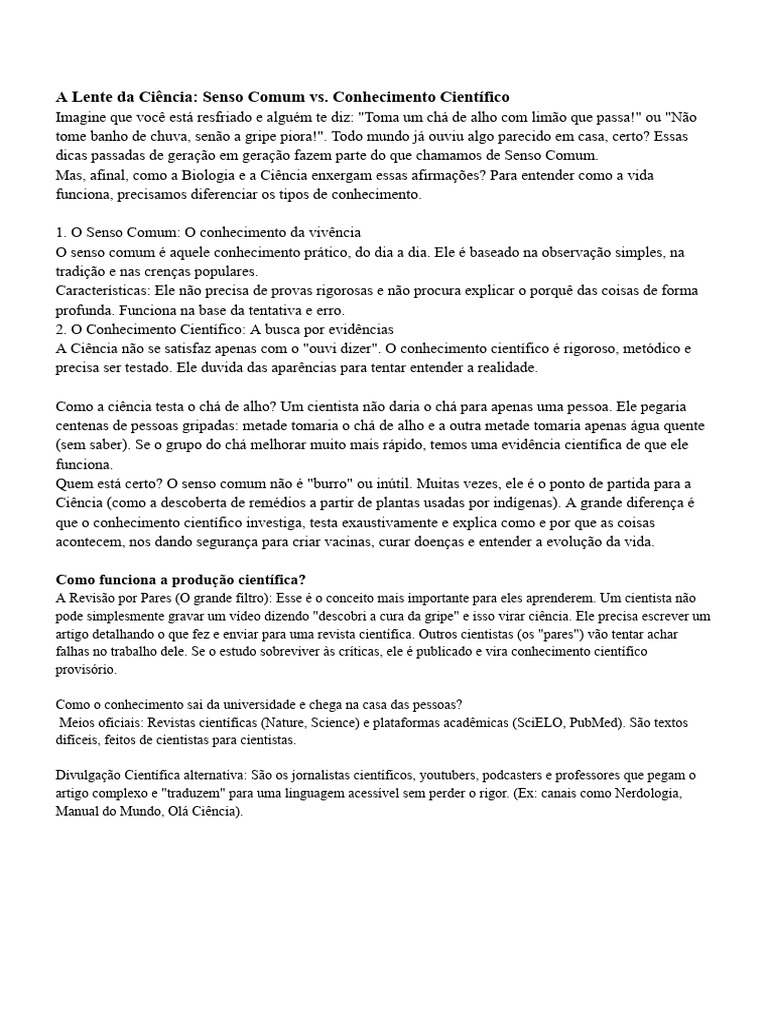 Senso Comum X Conhecimento Científico | PDF | Conhecimento | Science