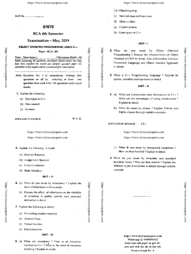 Bca 4 Sem Object Oriented Programming Using CPP 97675 May 2019 | PDF