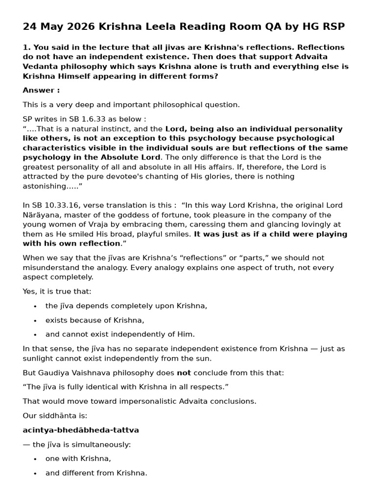 24 May 2026 Krishna Leela Reading Room QA by HG RSP | PDF | Krishna ...