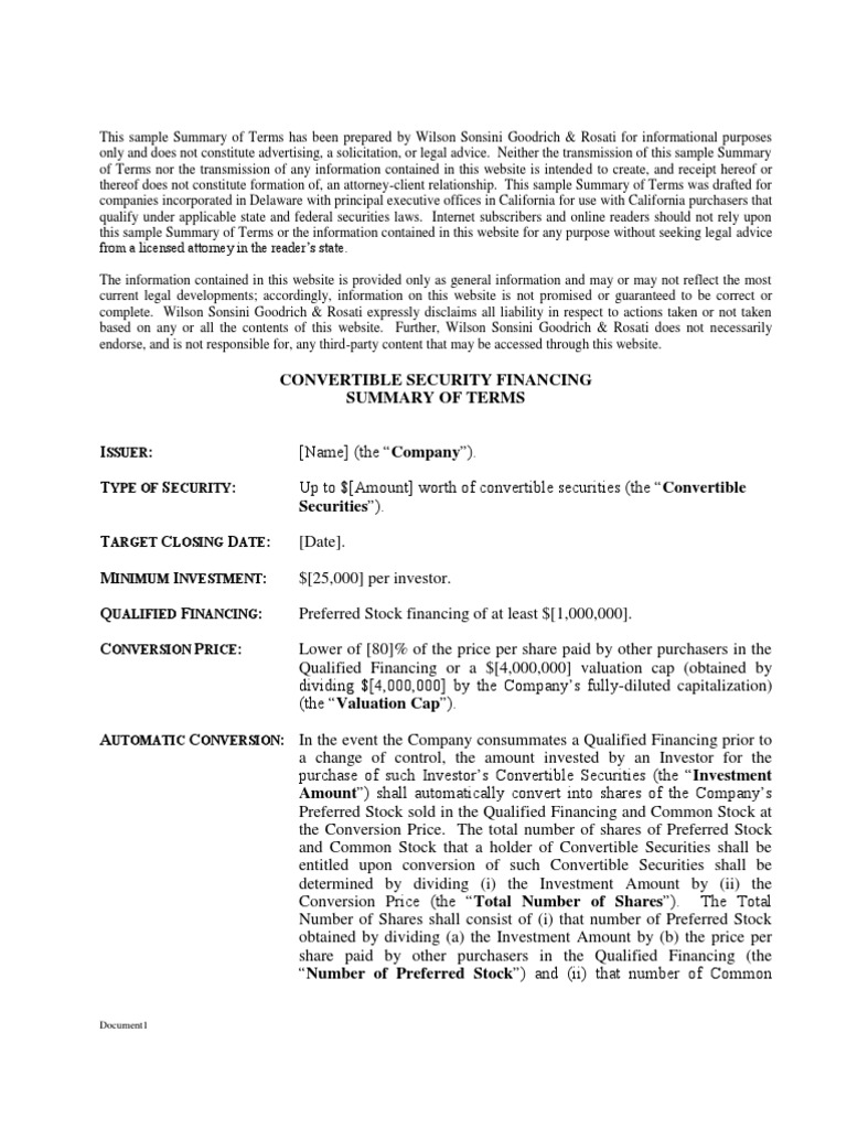 Form of Convertible Security Term Sheet  PDF  Stocks  Preferred With Regard To Convertible Note Term Sheet Template