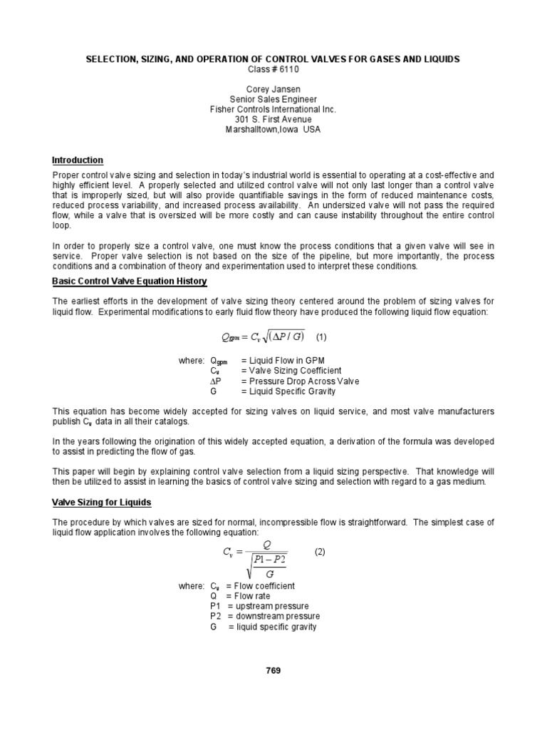 Selection, Sizing, and Operation of Control Valves For Gases and ...