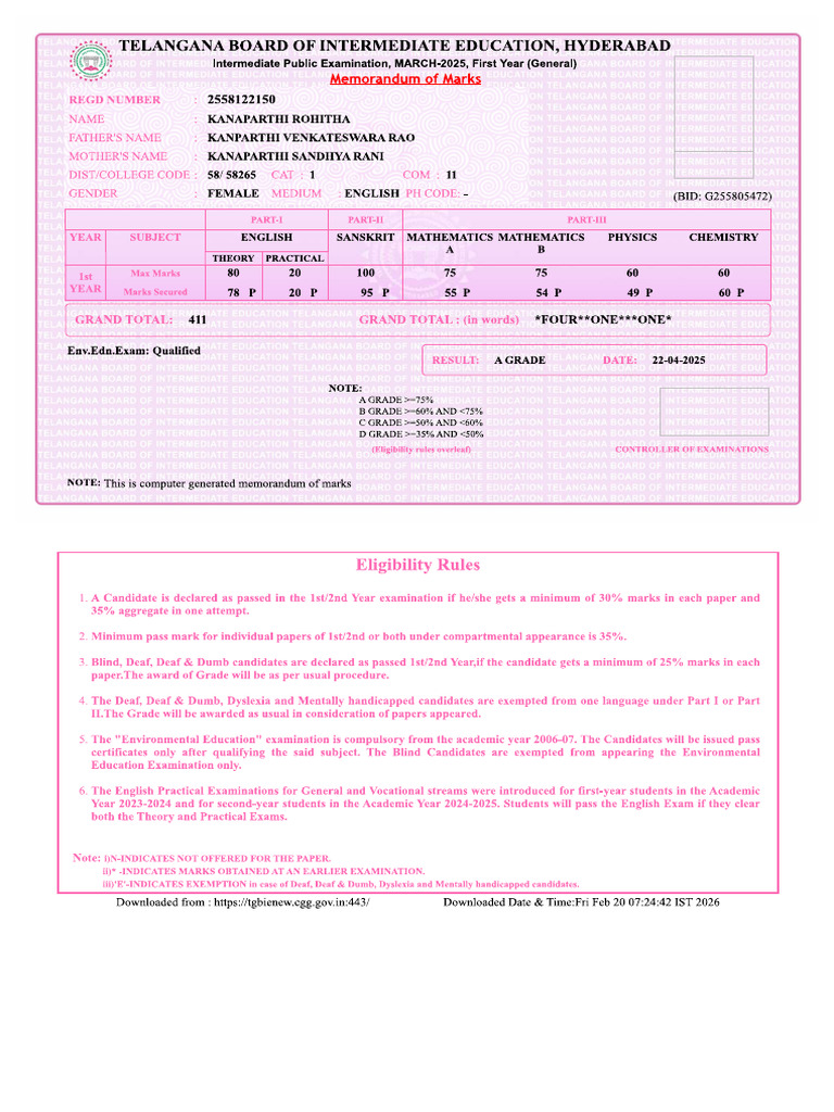 Rohitha Inter Certificate | PDF