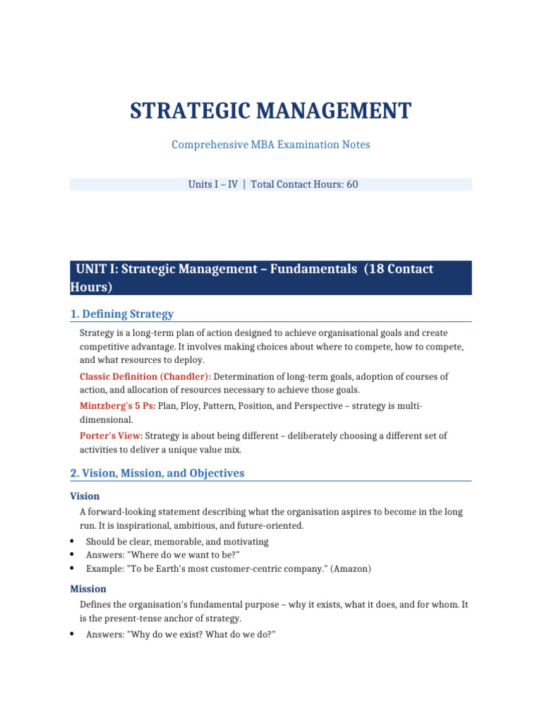 MBA Strategic Management Notes | PDF | Strategic Management ...
