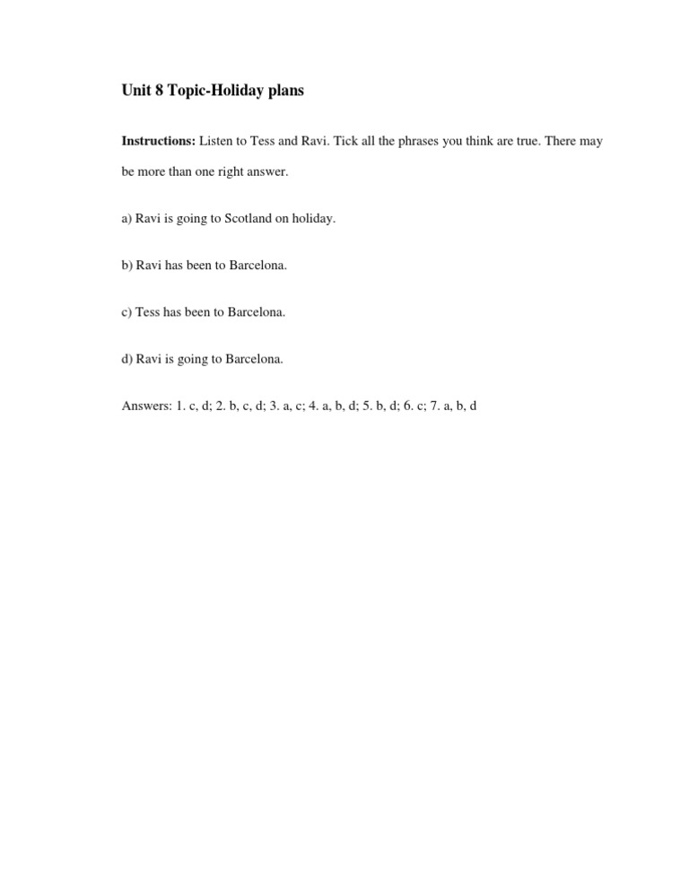 Unit 8 Topic Holiday Plans Instructions Listen To Tess And Ravi Tick