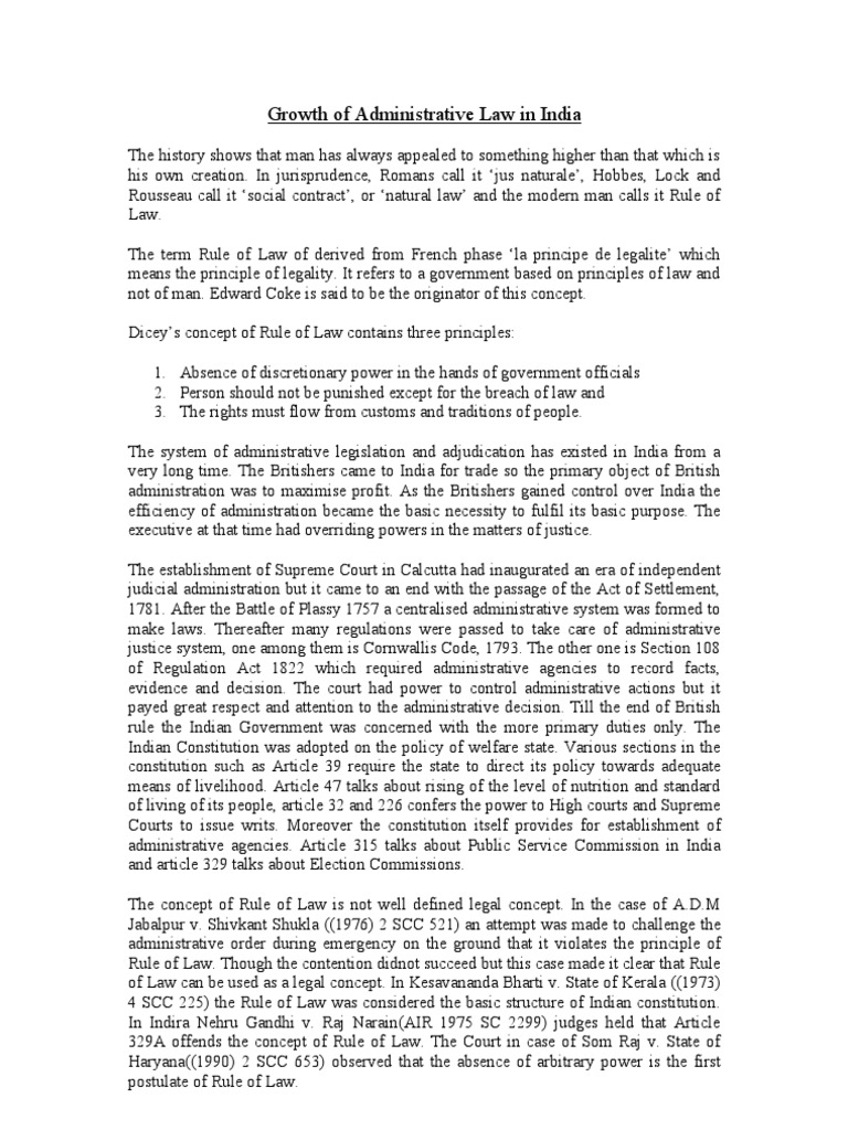 Growth of Administrative Law in India PDF Administrative Law Rule Of Law