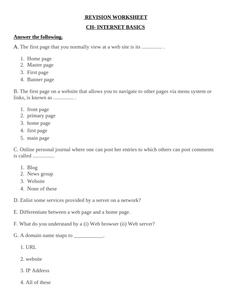 Revision Worksheet Ch1 | PDF