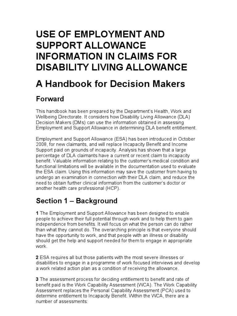 Use of Employment and Support Allowance Information in Claims For