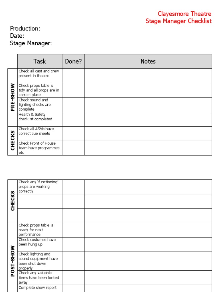 Stage Manager Checklist