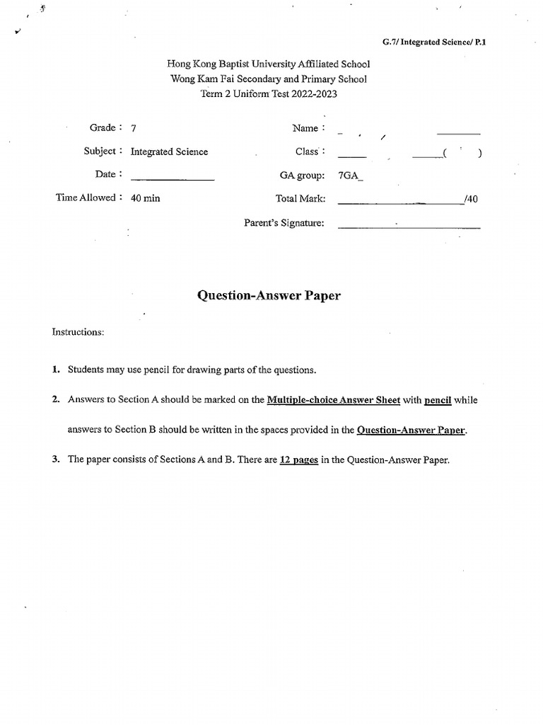 HKBUAS - Integrated Science - Grade 7 - Term 2 Uniform Tet | PDF