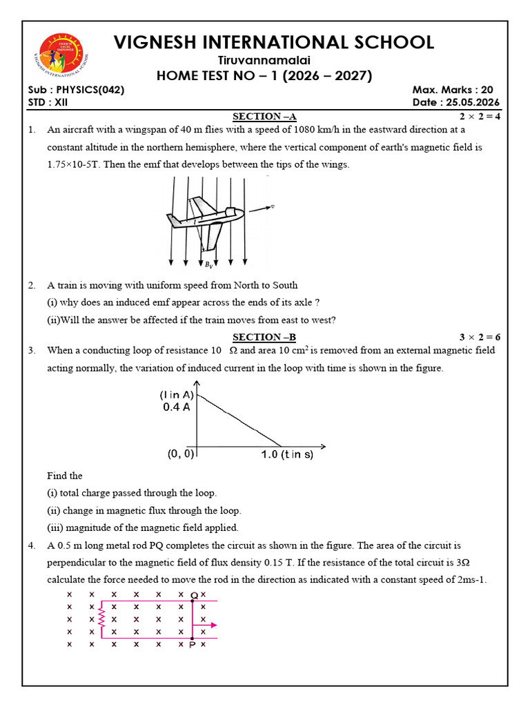 Xii HT - 1 Phy QP 2026-2027 | PDF | Electromagnetic Induction ...