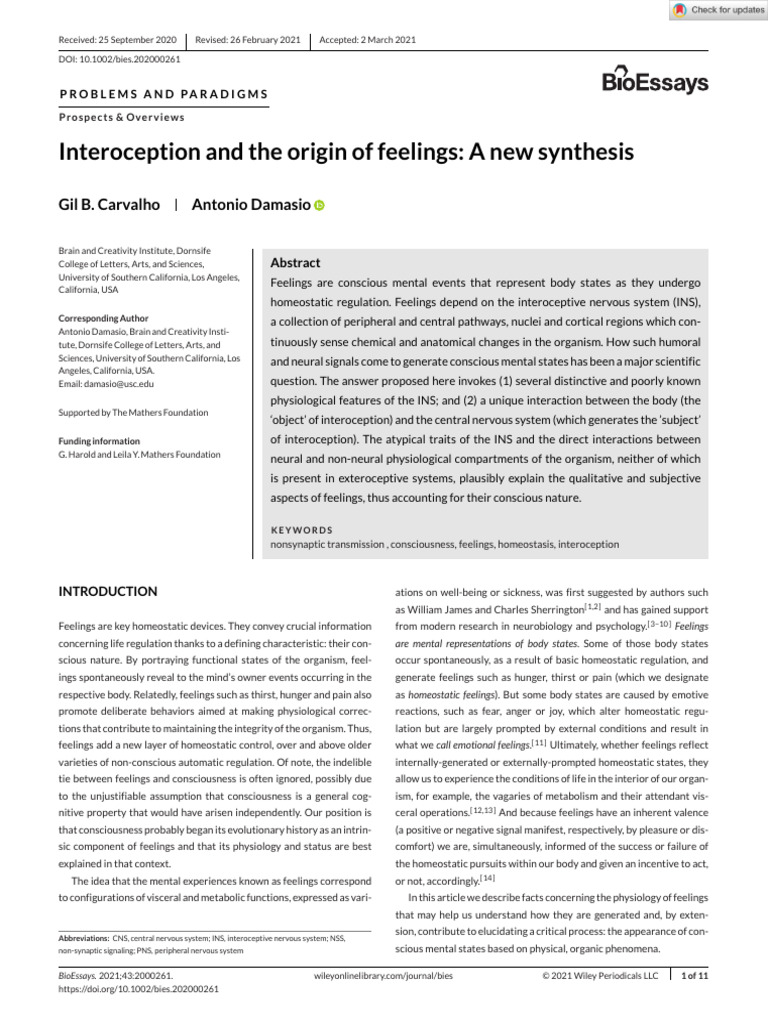 BioEssays - 2021 - Carvalho - Interoception and The Origin of Feelings ...