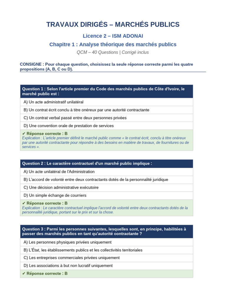 TD QCM Marches Publics Chap1 | PDF
