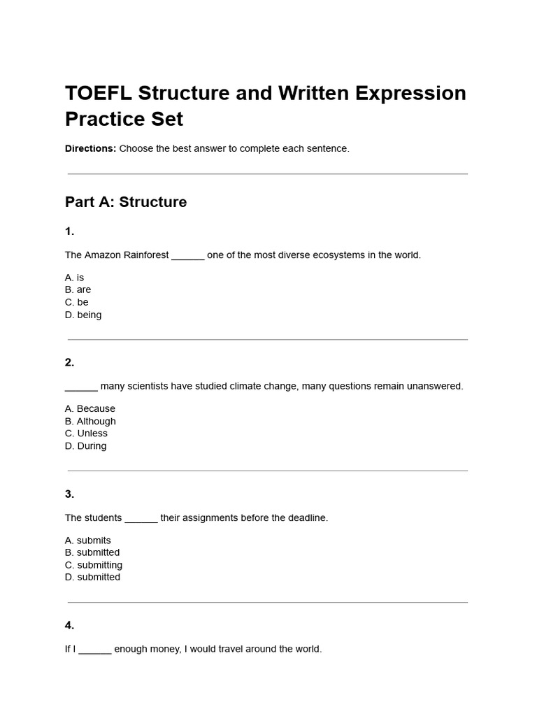TOEFL Structure and Written Expression Practice Set | PDF | Semantic ...