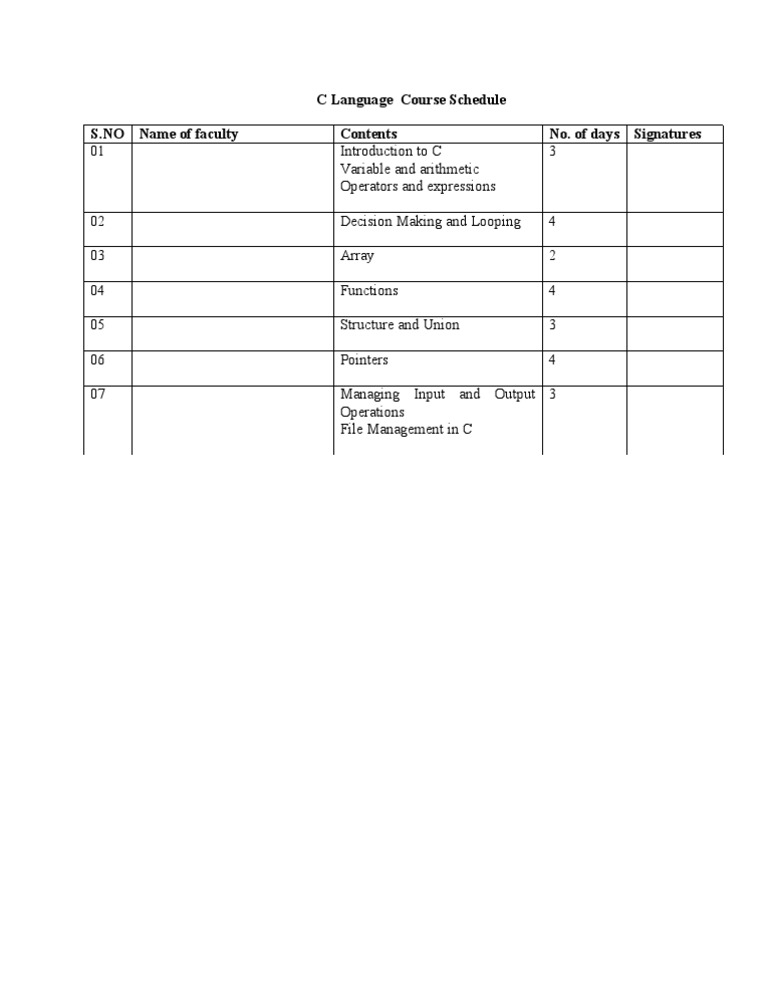 C Language Course Schedule Overview | PDF