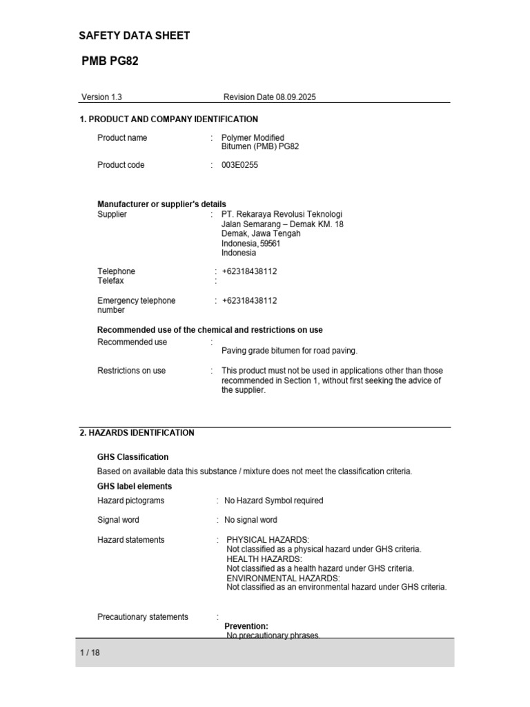 Polymer Modified Bitumen (PMB) PG82 - en | PDF | Dangerous Goods ...