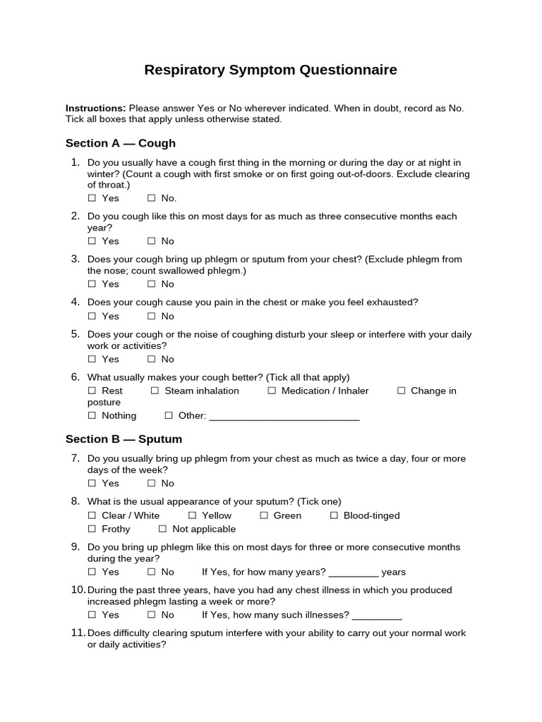 Respiratory Symptom Questionnaire (Pallavi) | PDF | Cough | Diseases ...