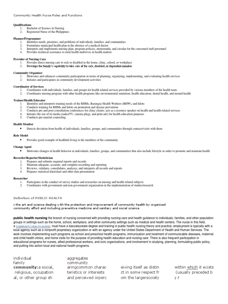 Community Health Nurse Roles & Functions | PDF | Health Education | Nursing