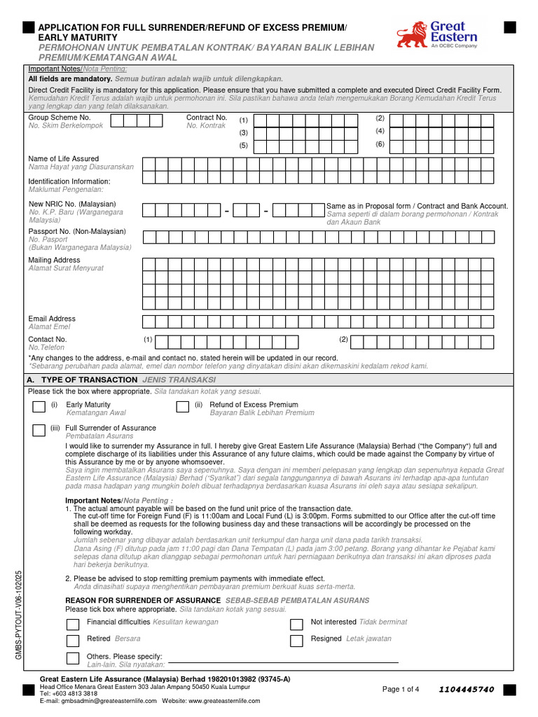 Application For Full Surrender or Refund of Excess Premium or Early | PDF