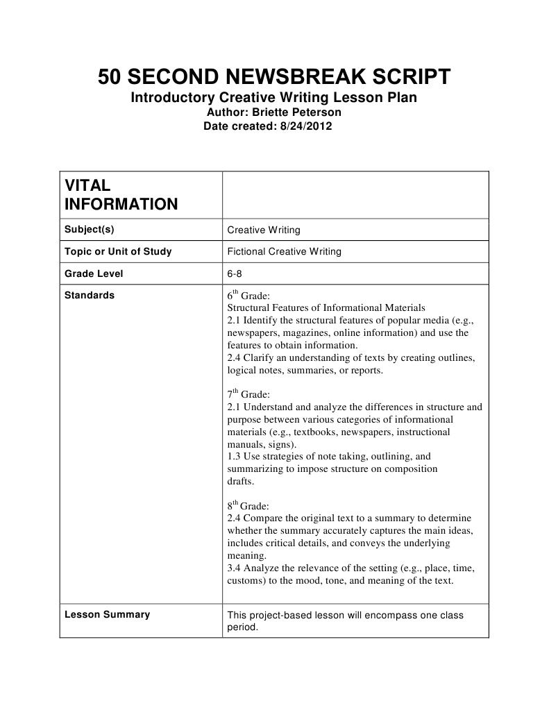 50 Second Newsbreak Script Creative Writing Lesson Plan Middle School