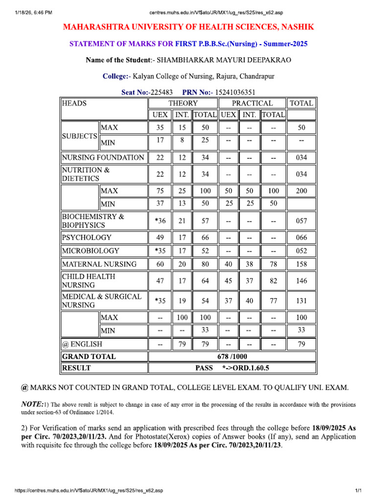 Mayuri Marksheet 1st Year | PDF