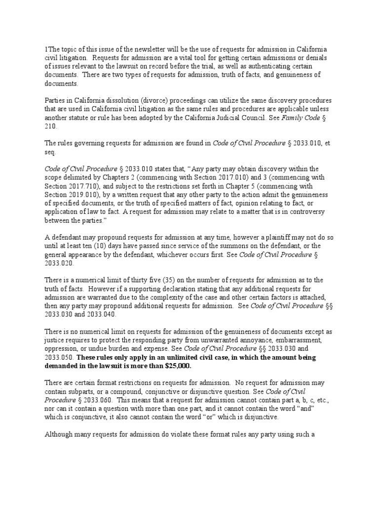 Requests for admission in California Discovery (Law) Lawsuit