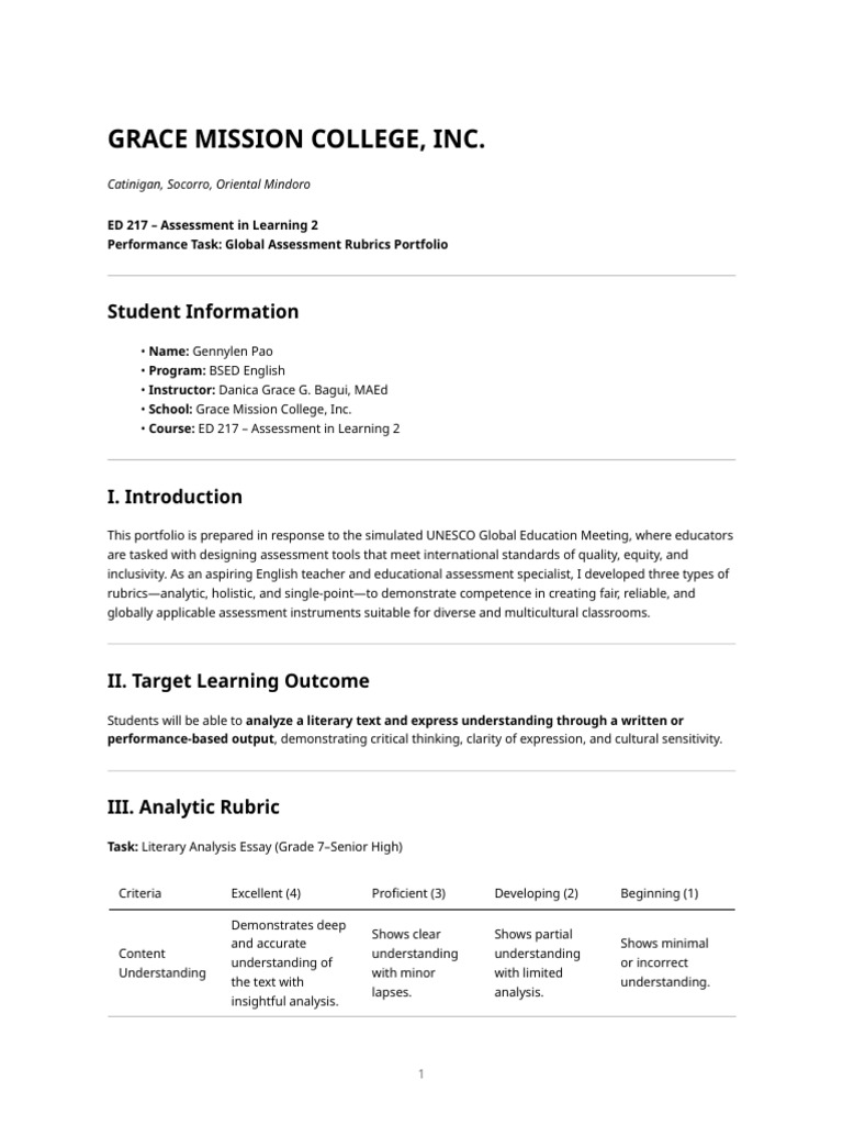 Ed 217 Assessment in Learning 2 - Global Rubric Portfolio | PDF | Cognition