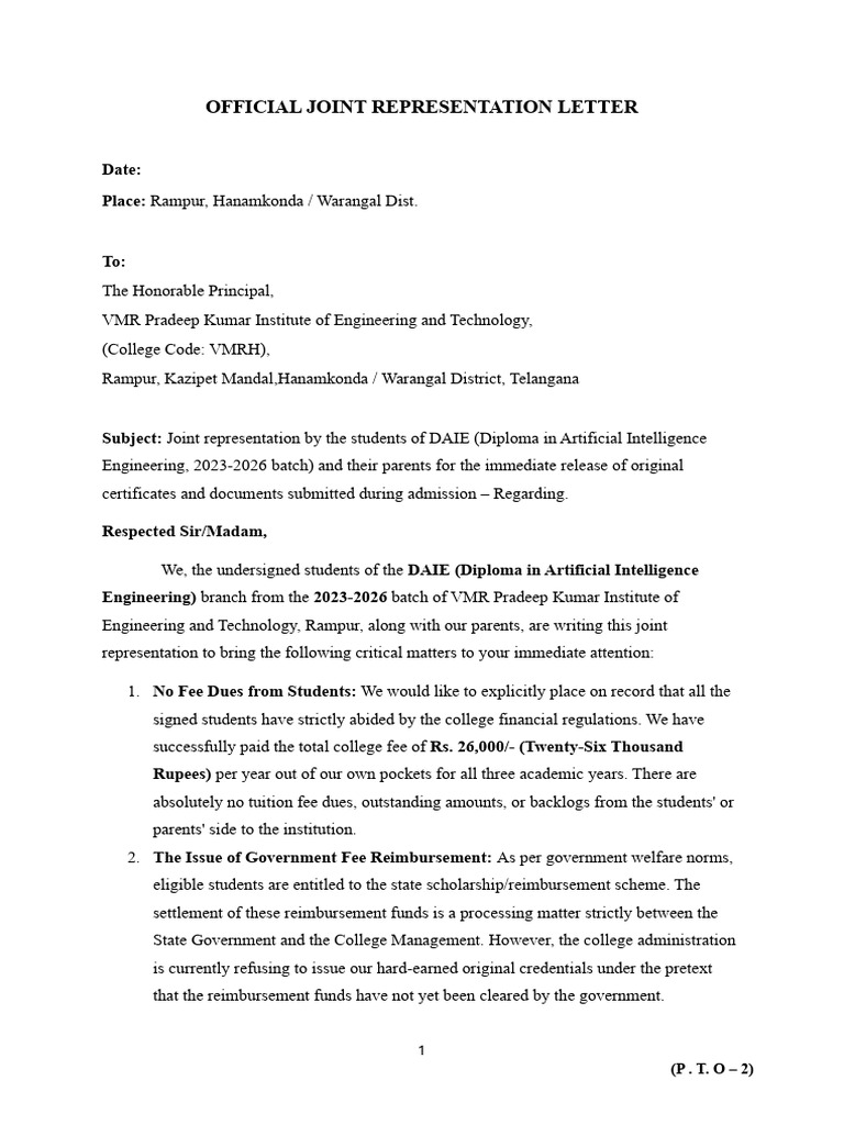 Official Joint Representation Letter. | PDF