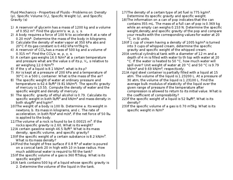Fluid Mechanics: Density & Specific Weight Problems | PDF | Density | Mass