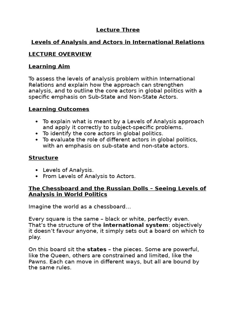 Lecture 3 - Levels of Analysis and Actors in International Relations ...