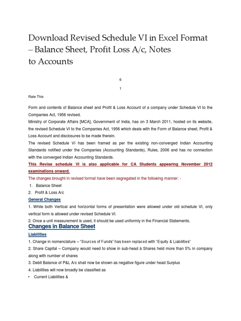 Revised Schedule VI in Excel Format | PDF | Balance Sheet | Equity ...