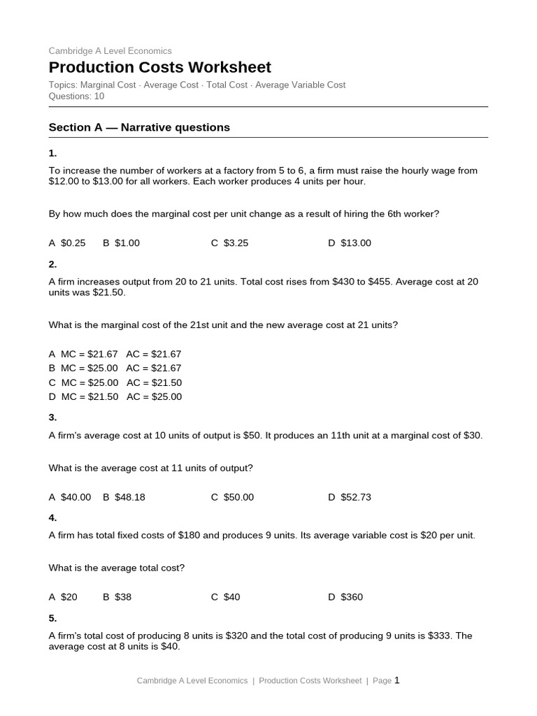 Production Costs Worksheet | PDF | Marginal Cost | Average Cost