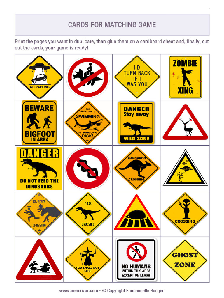 Printable Memory Game Funny Road Signs | PDF