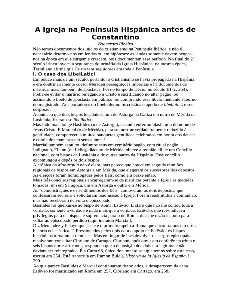 A Igreja Na Península Hispânica Antes de Constantino - Boanerges ...