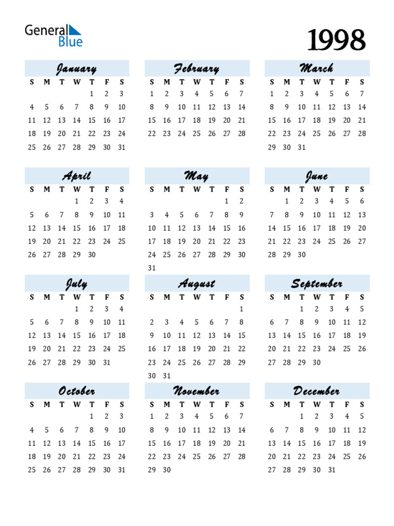 1998 Calendar Blue Italicized Portrait Sunday Start | PDF