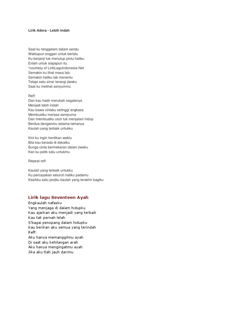 Lirik Lagu Ayah Seventeen Full Arsia Lirik