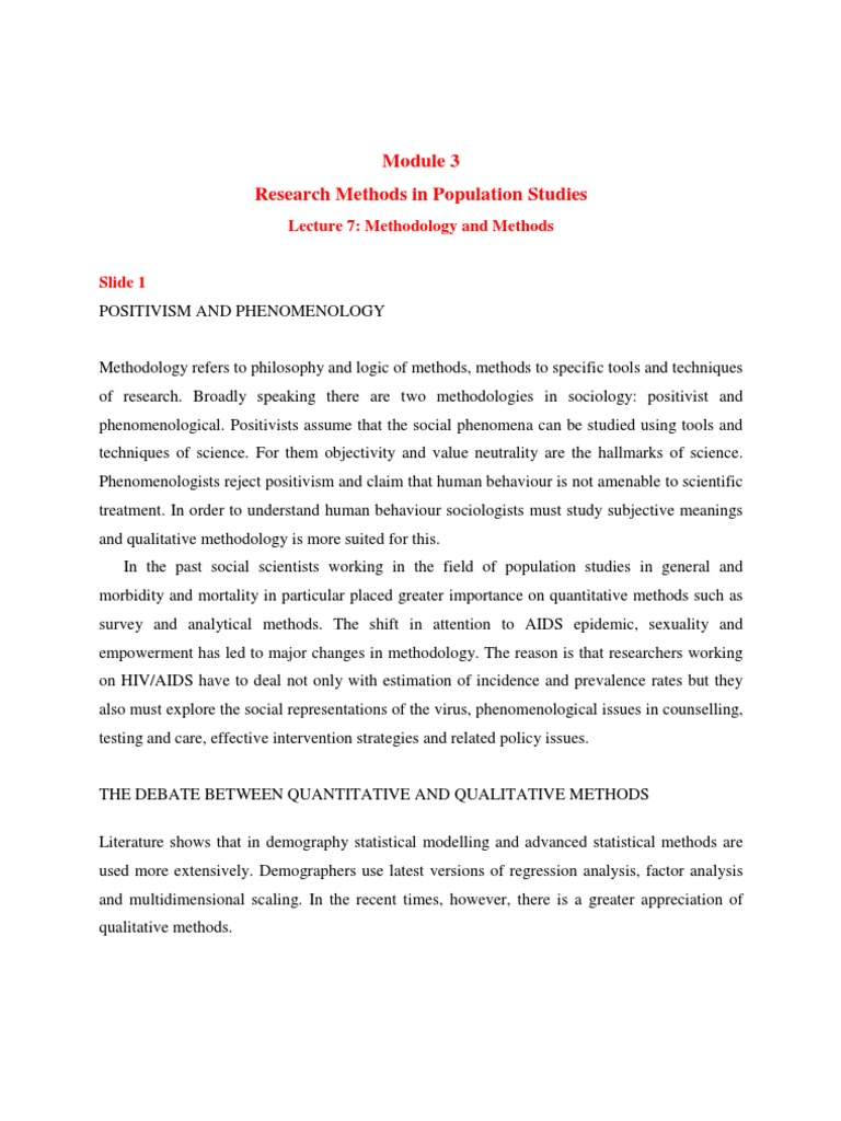 Research Methods In Population Studies Lecture 7 Methodology And